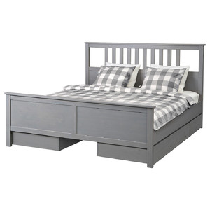 HEMNES Bed frame with 4 storage boxes, grey stained, 160x200 cm