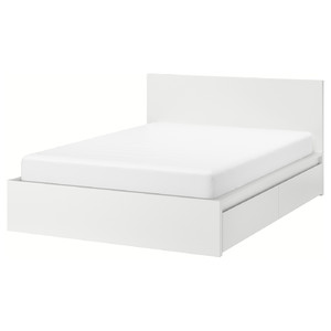 MALM Bed frame, high, w 4 storage boxes, white/Lindbåden, 140x200 cm