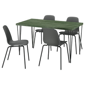 SKÅLSTA Table and 4 chairs, dark grey-green marble effect hairpin black-grey/plastic black tubular metal/black-grey, 140x80 cm