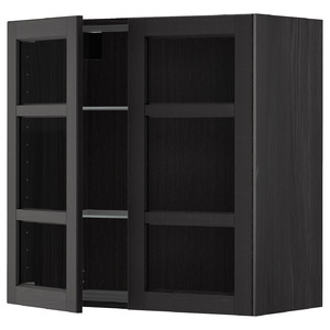 METOD Wall cabinet w shelves/2 glass drs, black/Lerhyttan black stained, 80x80 cm
