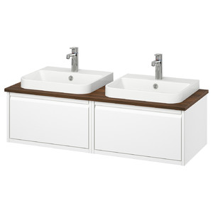 ÄNGSJÖN / BACKSJÖN Wash-stand/wash-basins/taps, high-gloss white/brown walnut effect, 122x49x41 cm