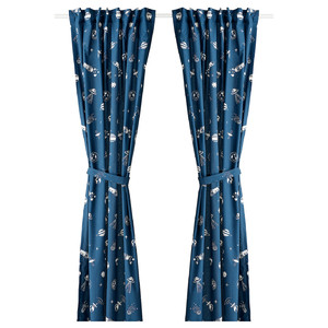 AFTONSPARV Curtains with tie-backs, 1 pair, space blue/white, 120x300 cm