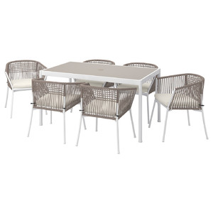 SEGERÖN Table+6 armchairs, outdoor, white/beige/Frösön/Duvholmen beige, 147 cm