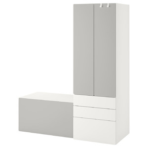 SMÅSTAD / PLATSA Storage combination, white grey/with bench, 150x57x181 cm