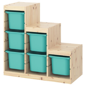TROFAST Storage combination, light white stained pine, turquoise, 94x44x91 cm