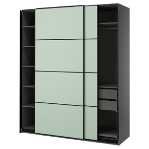 PAX / MEHAMN Wardrobe with sliding doors, dark grey/double sided light green,