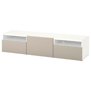 BESTÅ TV bench with drawers and door, white, Lappviken light grey/beige, 180x42x39 cm