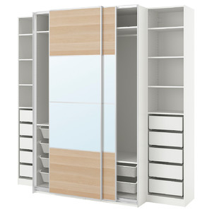 PAX / MEHAMN/AULI Wardrobe with sliding doors, white double sided/white stained oak effect mirror glass, 250x66x236 cm
