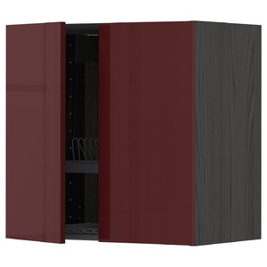 METOD Wall cabinet w dish drainer/2 doors, black Kallarp/high-gloss dark red-brown, 60x60 cm