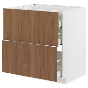 METOD/MAXIMERA Base cab f hob/2 fronts/3 drawers, white/Tistorp brown walnut effect, 80x60 cm