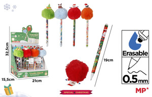 Christmas Erasable Pen with Plush Decoration, Blue Ink, 0.5 mm Display Set of 12pcs