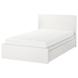 MALM Bed frame, high, with 2 storage boxes, white, Luröy, 120x200 cm