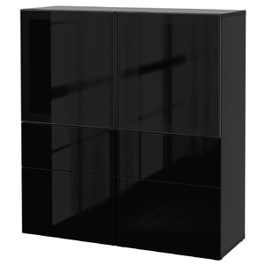 BESTÅ Storage combination w/glass doors, black-brown, Selsviken high-gloss/black, smoked glass, 120x40x128 cm