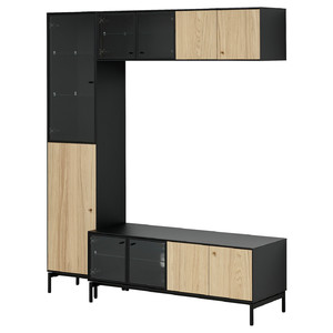 BOASTAD TV storage combination, black/oak veneer, 163x42x185 cm