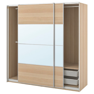 PAX / MEHAMN/AULI Wardrobe with sliding doors, white stained oak effect double sided/white stained oak effect mirror glass, 200x66x201 cm