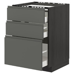 METOD / MAXIMERA Base cab f hob/3 fronts/3 drawers, black/Voxtorp dark grey, 60x60 cm