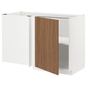 METOD Corner base cabinet with shelf, white/Tistorp brown walnut effect, 128x68 cm