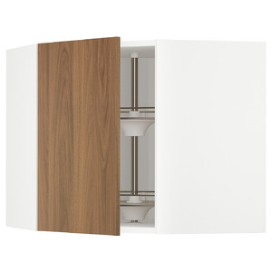 METOD Corner wall cabinet with carousel, white/Tistorp brown walnut effect, 68x60 cm
