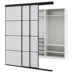 SKYTTA / PAX Walk-in wardrobe with sliding doors, black/Hokksund high-gloss light grey, 226x160x240 cm