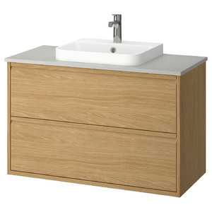 ÄNGSJÖN / BACKSJÖN Wash-stnd w drawers/wash-basin/tap, oak effect/grey stone effect, 102x49x71 cm