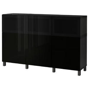 BESTÅ Storage combination with doors, black-brown Selsviken, Glassvik high-gloss/black smoked glass, 180x40x112 cm