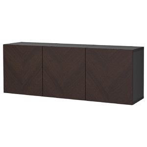 BESTÅ Wall-mounted cabinet combination, black-brown Hedeviken/dark brown stained oak veneer, 180x42x64 cm