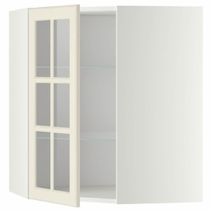 METOD Corner wall cab w shelves/glass dr, white/Bodbyn off-white, 68x80 cm