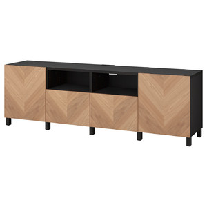 BESTÅ TV bench with doors and drawers, black-brown/Hedeviken/Stubbarp oak veneer, 240x42x74 cm