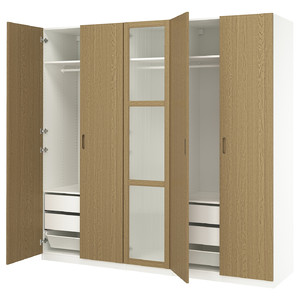 PAX / TONSTAD Wardrobe combination, white/oak veneer glass, 250x60x236 cm