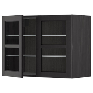 METOD Wall cabinet w shelves/2 glass drs, black/Lerhyttan black stained, 80x60 cm