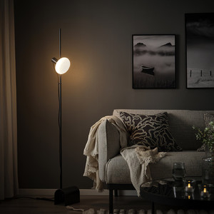 HÅRSLINGA / MOLNART Floor lamp with light bulb, black/donut-shaped opal white