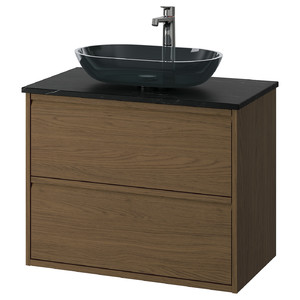 ÄNGSJÖN / OXMYREN Wash-stnd w drawers/wash-basin/tap, brown oak effect/black marble effect, 82x49x77 cm
