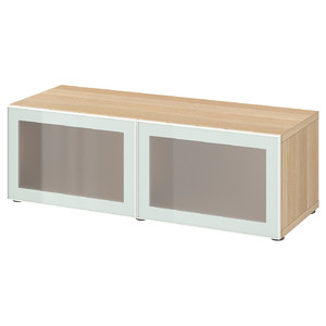 BESTÅ Shelf unit with glass doors, white stained oak effect Glassvik/white/light green frosted glass, 120x42x38 cm