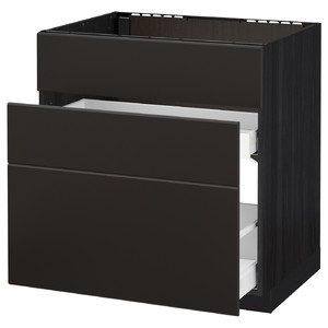 METOD / MAXIMERA Base cab f sink+3 fronts/2 drawers, black, Kungsbacka anthracite, 80x60 cm