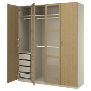 PAX / TONSTAD Wardrobe combination, grey-beige/oak veneer glass, 200x60x236 cm