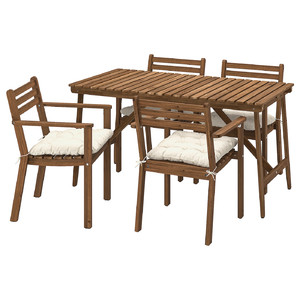 ASKHOLMEN Table+4 chairs w armrests, outdoor, dark brown/Kuddarna beige, 143x75 cm