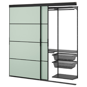 SKYTTA / BOAXEL Reach-in wardrobe with sliding door, black metal/Mehamn light green, 202x65x205 cm