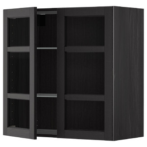 METOD Wall cabinet w shelves/2 glass drs, black/Lerhyttan black stained, 80x80 cm