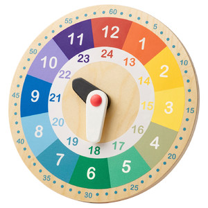 UNDERHÅLLA Educational wooden clock, multicolour, 25 cm