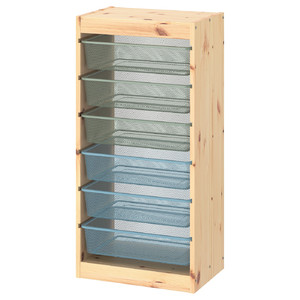 TROFAST Storage combination with boxes, light white stained pine green-grey/grey-blue, 44x30x91 cm