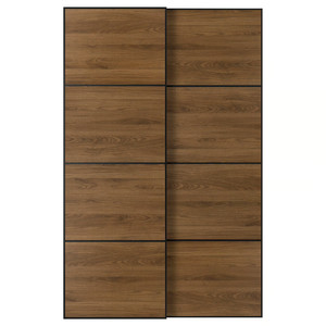 MEHAMN Pair of sliding doors, black/double sided walnut, 150x236 cm