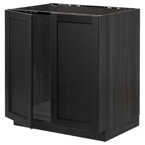 METOD Base cabinet for sink + 2 doors, black/Lerhyttan black stained, 80x60 cm