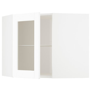 METOD Corner wall cab w shelves/glass dr, white Enköping/white wood effect, 68x60 cm