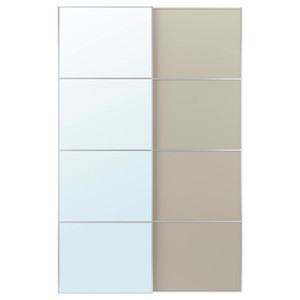 AULI / MEHAMN Pair of sliding doors, aluminium mirror glass/double sided grey-beige, 150x236 cm