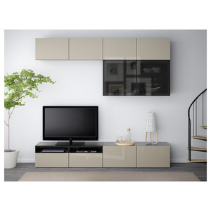 BESTÅ TV storage combination/glass doors, black-brown/Selsviken high-gloss/beige smoked glass, 240x42x231 cm