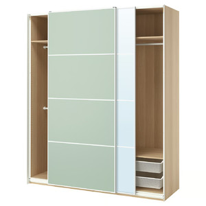 PAX / MEHAMN/AULI Wardrobe with sliding doors, white stained oak effect double sided/light green mirror glass, 200x66x236 cm
