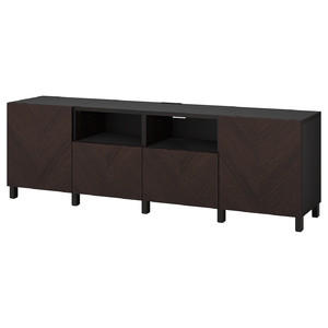BESTÅ TV bench with doors and drawers, black-brown Hedeviken/Stubbarp/dark brown stained oak veneer, 240x42x74 cm