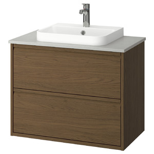ÄNGSJÖN / BACKSJÖN Wash-stnd w drawers/wash-basin/tap, brown oak effect/grey stone effect, 82x49x71 cm