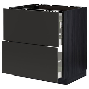 METOD / MAXIMERA Base cab f hob/2 fronts/3 drawers, black/Nickebo matt anthracite, 80x60 cm