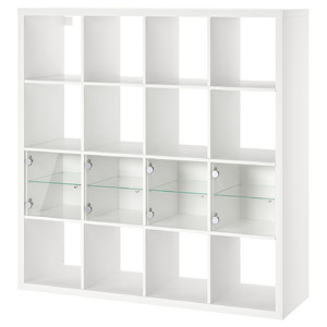 KALLAX Shelving unit with 4 inserts, white/glass, 147x147 cm